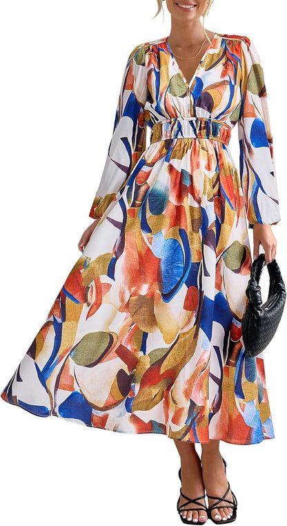 Zenlonr Women'S 2023 Fall Dresses Boho Floral Long Sleeve V Neck Smocked Flowy Beach Maxi Dress Blue Watercolour / Small