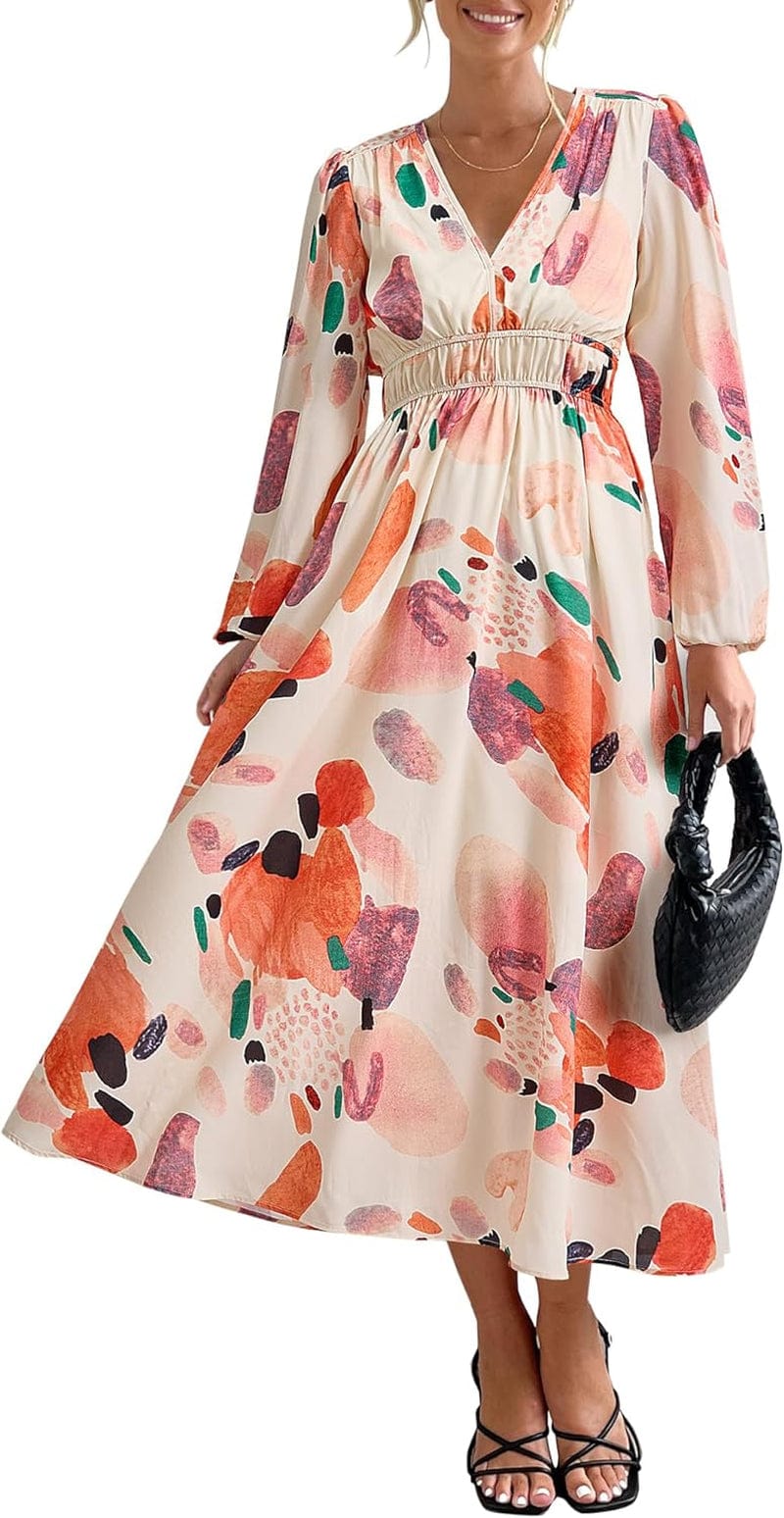 Zenlonr Women'S 2023 Fall Dresses Boho Floral Long Sleeve V Neck Smocked Flowy Beach Maxi Dress Orange Watercolour / Large