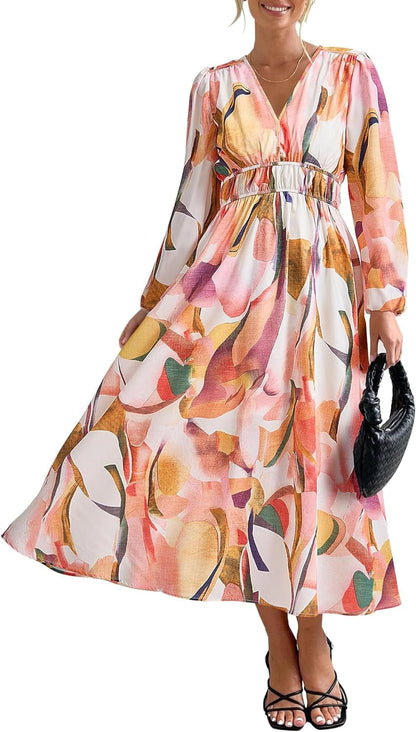 Zenlonr Women'S 2023 Fall Dresses Boho Floral Long Sleeve V Neck Smocked Flowy Beach Maxi Dress Pink Watercolour / Medium