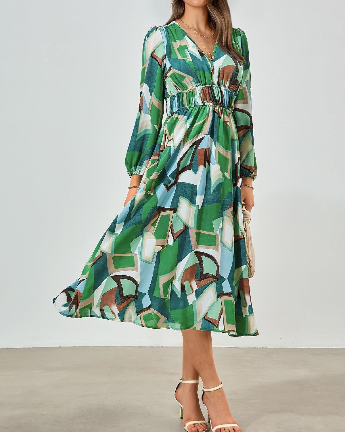 Zenlonr Women'S 2023 Fall Dresses Boho Floral Long Sleeve V Neck Smocked Flowy Beach Maxi Dress