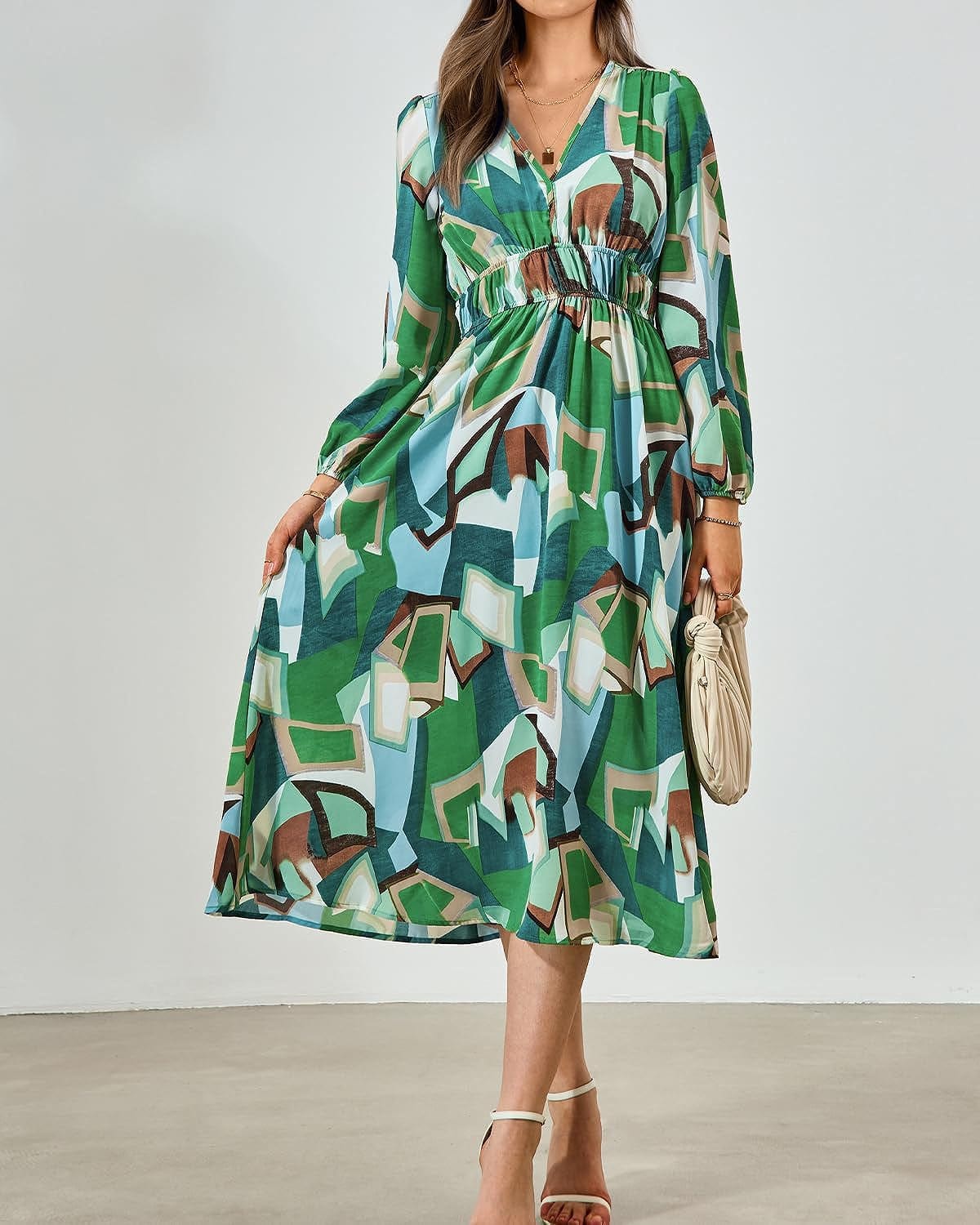 Zenlonr Women'S 2023 Fall Dresses Boho Floral Long Sleeve V Neck Smocked Flowy Beach Maxi Dress