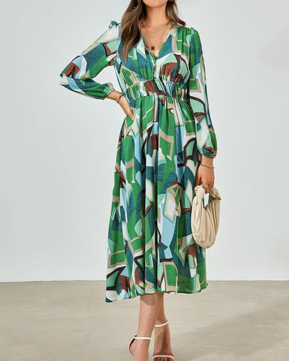 Zenlonr Women'S 2023 Fall Dresses Boho Floral Long Sleeve V Neck Smocked Flowy Beach Maxi Dress
