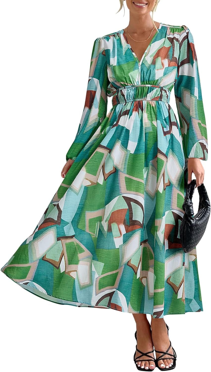 Zenlonr Women'S 2023 Fall Dresses Boho Floral Long Sleeve V Neck Smocked Flowy Beach Maxi Dress