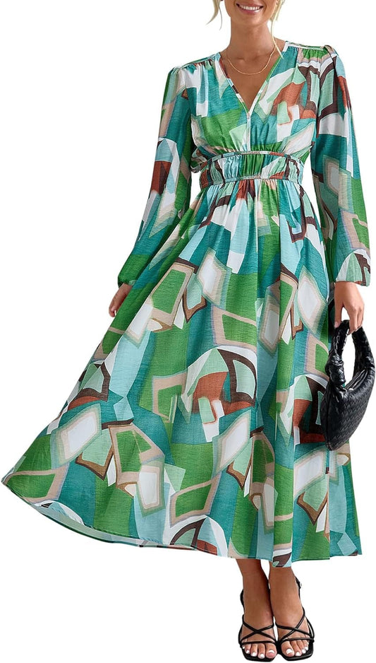 Zenlonr Women'S 2023 Fall Dresses Boho Floral Long Sleeve V Neck Smocked Flowy Beach Maxi Dress