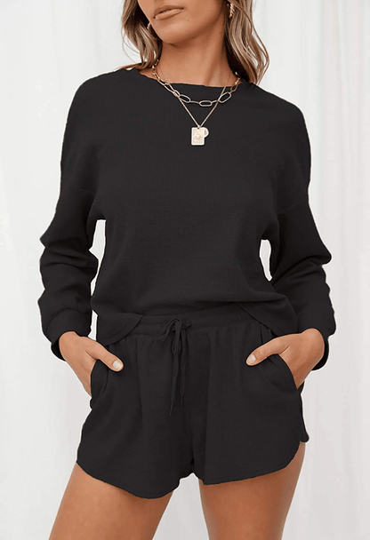 ZESICA Women's Waffle Knit Long Sleeve Top and Shorts Pullover Nightwear Lounge Pajama Set with Pockets Apparel & Accessories > Clothing > Sleepwear & Loungewear > Pajamas KYLIE MAX   
