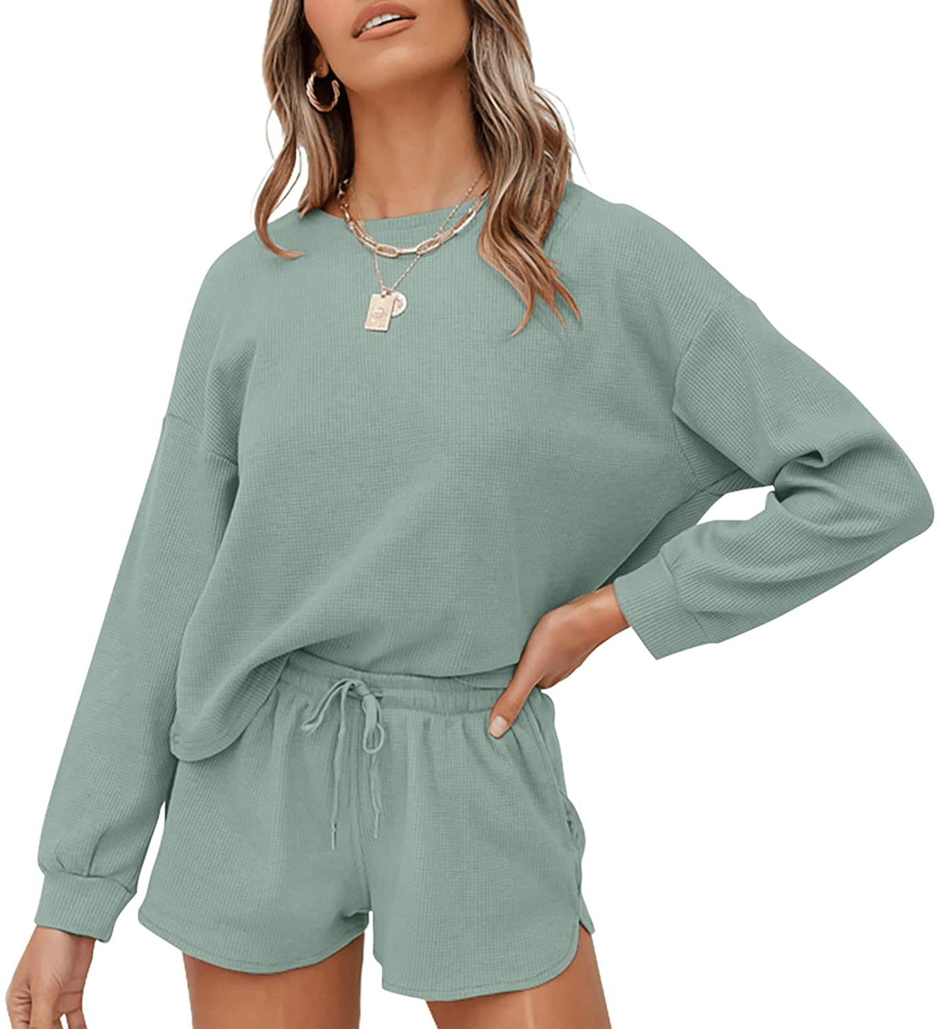 ZESICA Women's Waffle Knit Long Sleeve Top and Shorts Pullover Nightwear Lounge Pajama Set with Pockets Apparel & Accessories > Clothing > Sleepwear & Loungewear > Pajamas ZESICA Green Small 