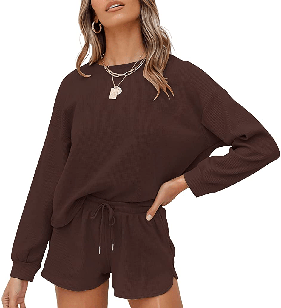 ZESICA Women's Waffle Knit Long Sleeve Top and Shorts Pullover Nightwear Lounge Pajama Set with Pockets Apparel & Accessories > Clothing > Sleepwear & Loungewear > Pajamas ZESICA Coffee XX-Large 