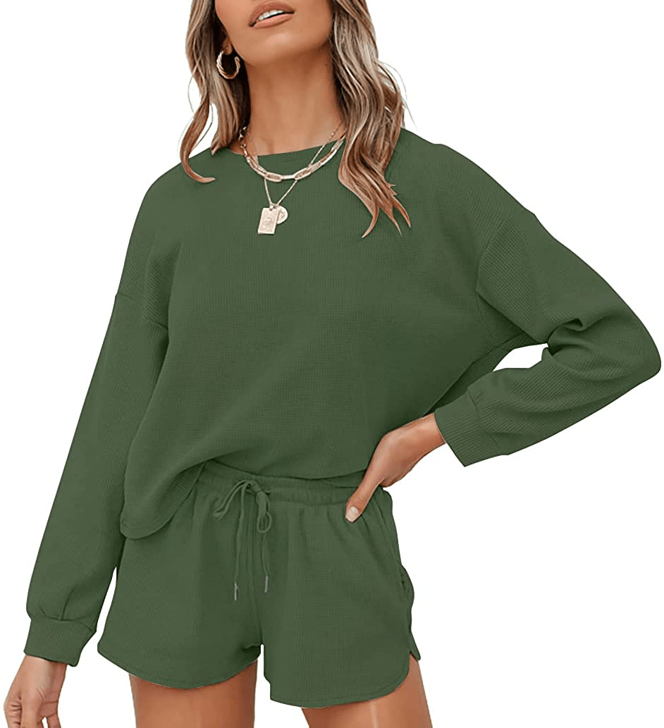 ZESICA Women's Waffle Knit Long Sleeve Top and Shorts Pullover Nightwear Lounge Pajama Set with Pockets Apparel & Accessories > Clothing > Sleepwear & Loungewear > Pajamas ZESICA Armygreen Large 