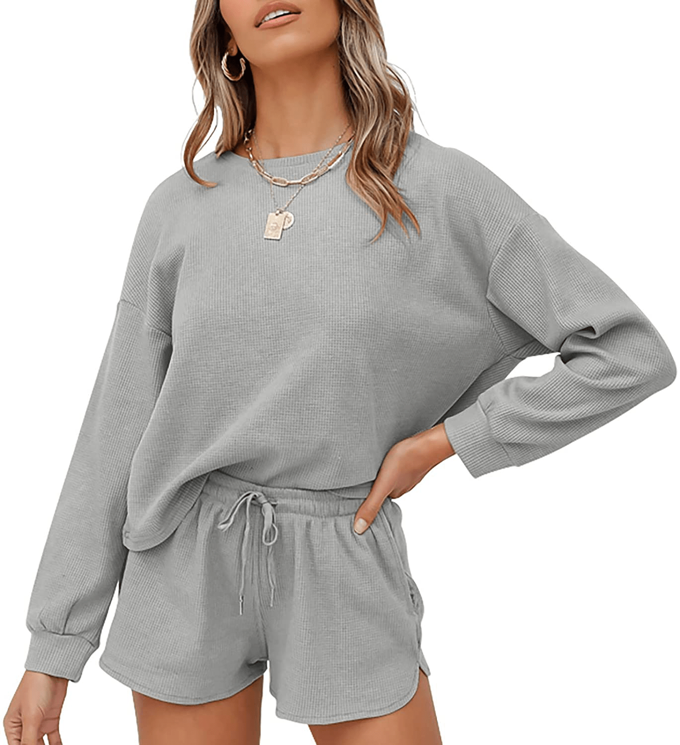 ZESICA Women's Waffle Knit Long Sleeve Top and Shorts Pullover Nightwear Lounge Pajama Set with Pockets Apparel & Accessories > Clothing > Sleepwear & Loungewear > Pajamas ZESICA Grey Large 