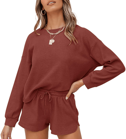 ZESICA Women's Waffle Knit Long Sleeve Top and Shorts Pullover Nightwear Lounge Pajama Set with Pockets Apparel & Accessories > Clothing > Sleepwear & Loungewear > Pajamas ZESICA Brickred X-Large 