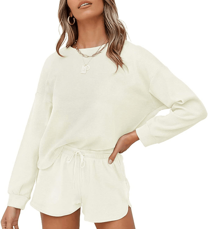 ZESICA Women's Waffle Knit Long Sleeve Top and Shorts Pullover Nightwear Lounge Pajama Set with Pockets Apparel & Accessories > Clothing > Sleepwear & Loungewear > Pajamas ZESICA Cream Large 