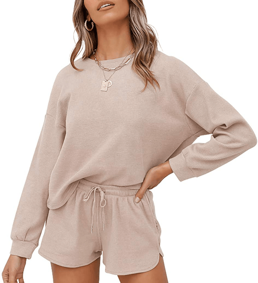 ZESICA Women's Waffle Knit Long Sleeve Top and Shorts Pullover Nightwear Lounge Pajama Set with Pockets Apparel & Accessories > Clothing > Sleepwear & Loungewear > Pajamas KYLIE MAX Beige Small 