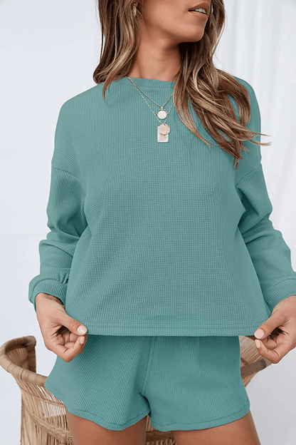 ZESICA Women'S Waffle Knit Long Sleeve Top and Shorts Pullover Nightwear Lounge Pajama Set with Pockets Apparel & Accessories > Clothing > Sleepwear & Loungewear > Pajamas Kylie Max   