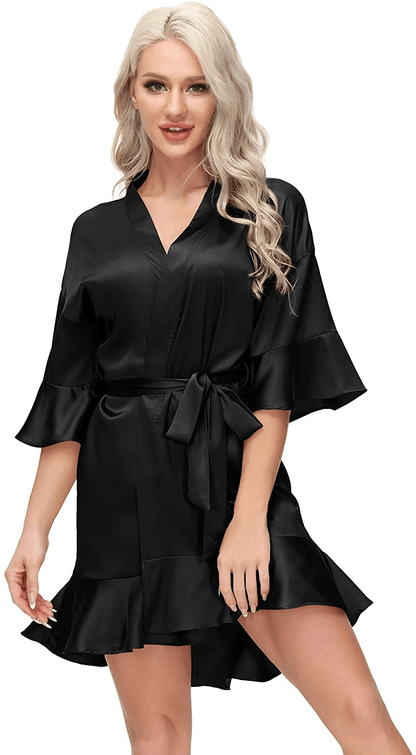 Zexxxy Women'S Satin Robes Ruffle Bridesmaids Bathrobe 3/4 Sleeve Silk Solid Kimono Sleepwear S-XXL Apparel & Accessories > Clothing > Sleepwear & Loungewear > Robes KYLIE MAX   