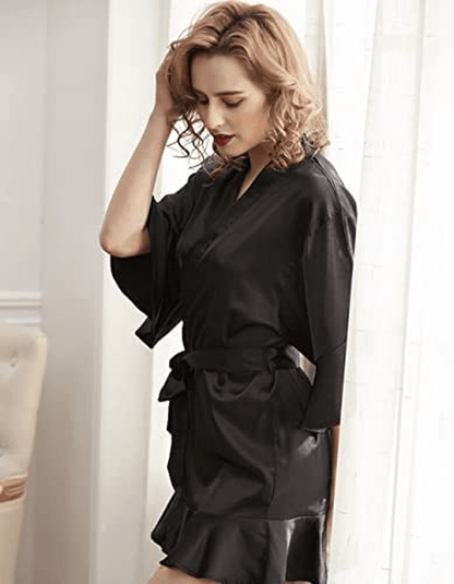 Zexxxy Women'S Satin Robes Ruffle Bridesmaids Bathrobe 3/4 Sleeve Silk Solid Kimono Sleepwear S-XXL Apparel & Accessories > Clothing > Sleepwear & Loungewear > Robes KYLIE MAX   