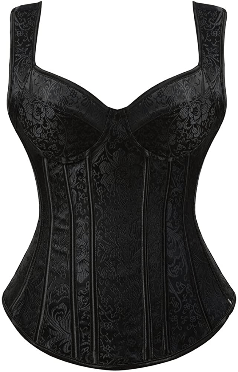 Zhitunemi Women'S Gothic Jacquard Shoulder Straps Tank Overbust Corset Bustiers Apparel & Accessories > Clothing > Underwear & Socks > Lingerie Zhitunemi Black Small 