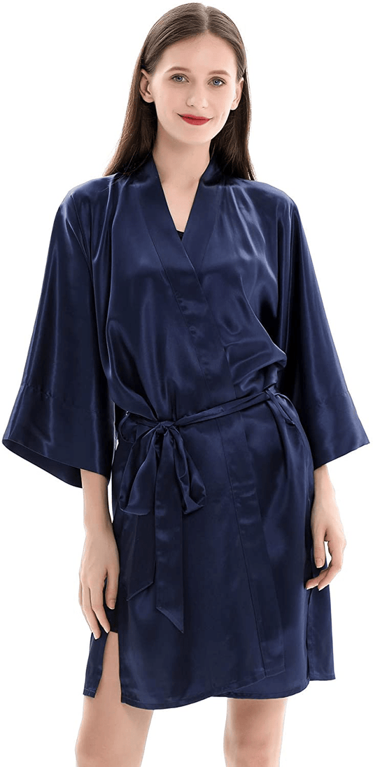 ZIMASILK 22 Momme 100% Pure Mulberry Silk Robe for Women, Pure Color Long Kimono Bathrobes Soft Nightgown Apparel & Accessories > Clothing > Sleepwear & Loungewear > Robes ZIMASILK Navy Blue  