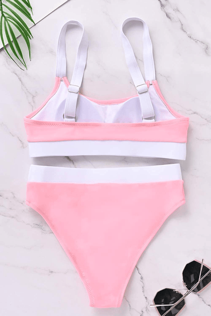 ZINPRETTY Women High Waisted Bikini Set Sports Color Block Swimsuit Scoop Neck Cheeky Bathing Suit Apparel & Accessories > Clothing > Swimwear ZINPRETTY   