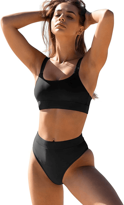 ZINPRETTY Women High Waisted Bikini Set Sports Color Block Swimsuit Scoop Neck Cheeky Bathing Suit Apparel & Accessories > Clothing > Swimwear ZINPRETTY Black Bikini Set Small 