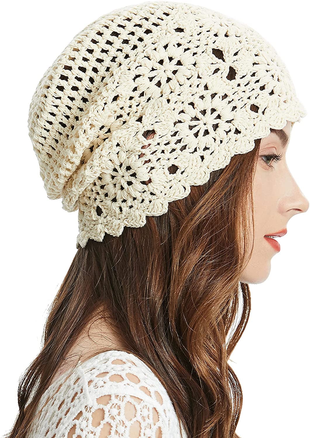ZLYC Women Cotton Crochet Slouchy Beanie Hat Handmade Knit Cutout Summer Floral Skull Cap Apparel & Accessories > Clothing Accessories > Headwear ZLYC Solid Beige  