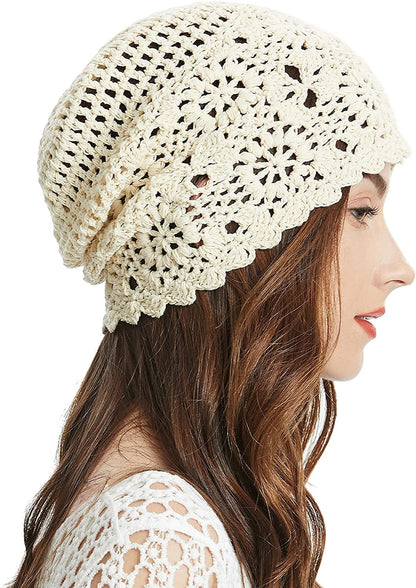 ZLYC Women Cotton Crochet Slouchy Beanie Hat Handmade Knit Cutout Summer Floral Skull Cap Apparel & Accessories > Clothing Accessories > Headwear ZLYC Solid Beige  
