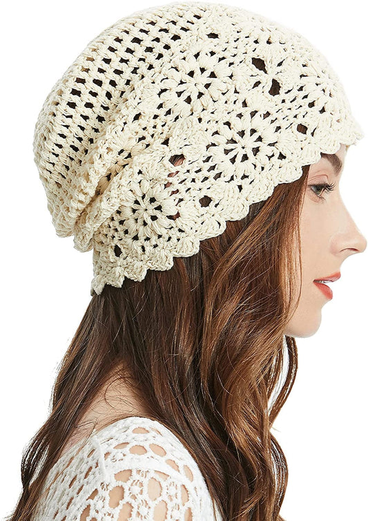 ZLYC Women Cotton Crochet Slouchy Beanie Hat Handmade Knit Cutout Summer Floral Skull Cap Apparel & Accessories > Clothing Accessories > Headwear ZLYC Solid Beige  