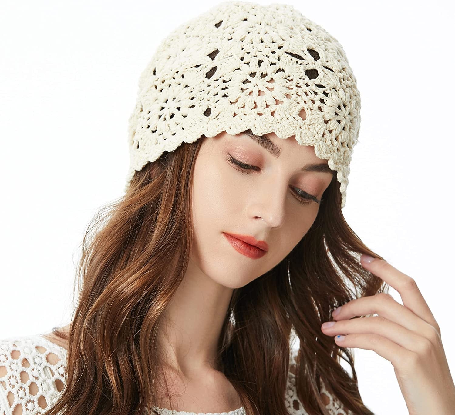 ZLYC Women Cotton Crochet Slouchy Beanie Hat Handmade Knit Cutout Summer Floral Skull Cap Apparel & Accessories > Clothing Accessories > Headwear ZLYC   