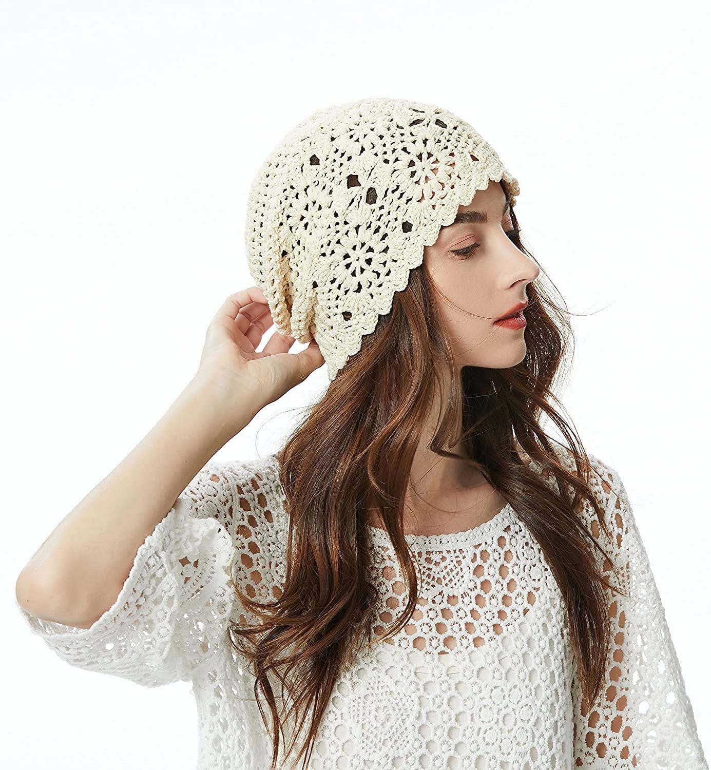 ZLYC Women Cotton Crochet Slouchy Beanie Hat Handmade Knit Cutout Summer Floral Skull Cap Apparel & Accessories > Clothing Accessories > Headwear ZLYC   