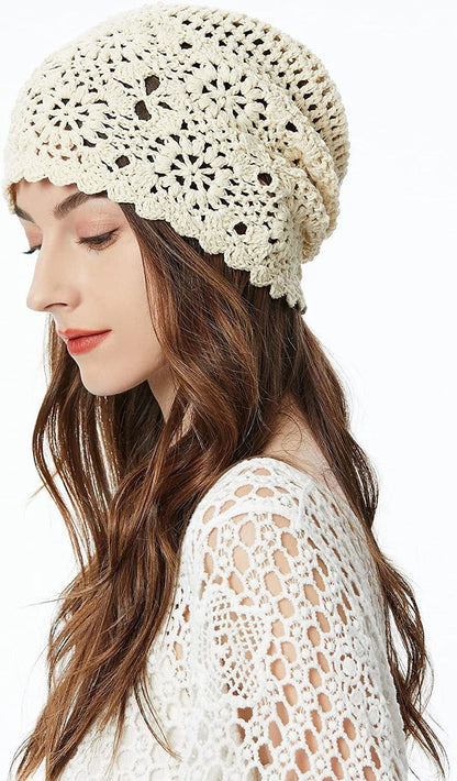 ZLYC Women Cotton Crochet Slouchy Beanie Hat Handmade Knit Cutout Summer Floral Skull Cap Apparel & Accessories > Clothing Accessories > Headwear ZLYC   