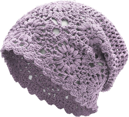 ZLYC Women Cotton Crochet Slouchy Beanie Hat Handmade Knit Cutout Summer Floral Skull Cap Apparel & Accessories > Clothing Accessories > Headwear ZLYC Solid Purple  