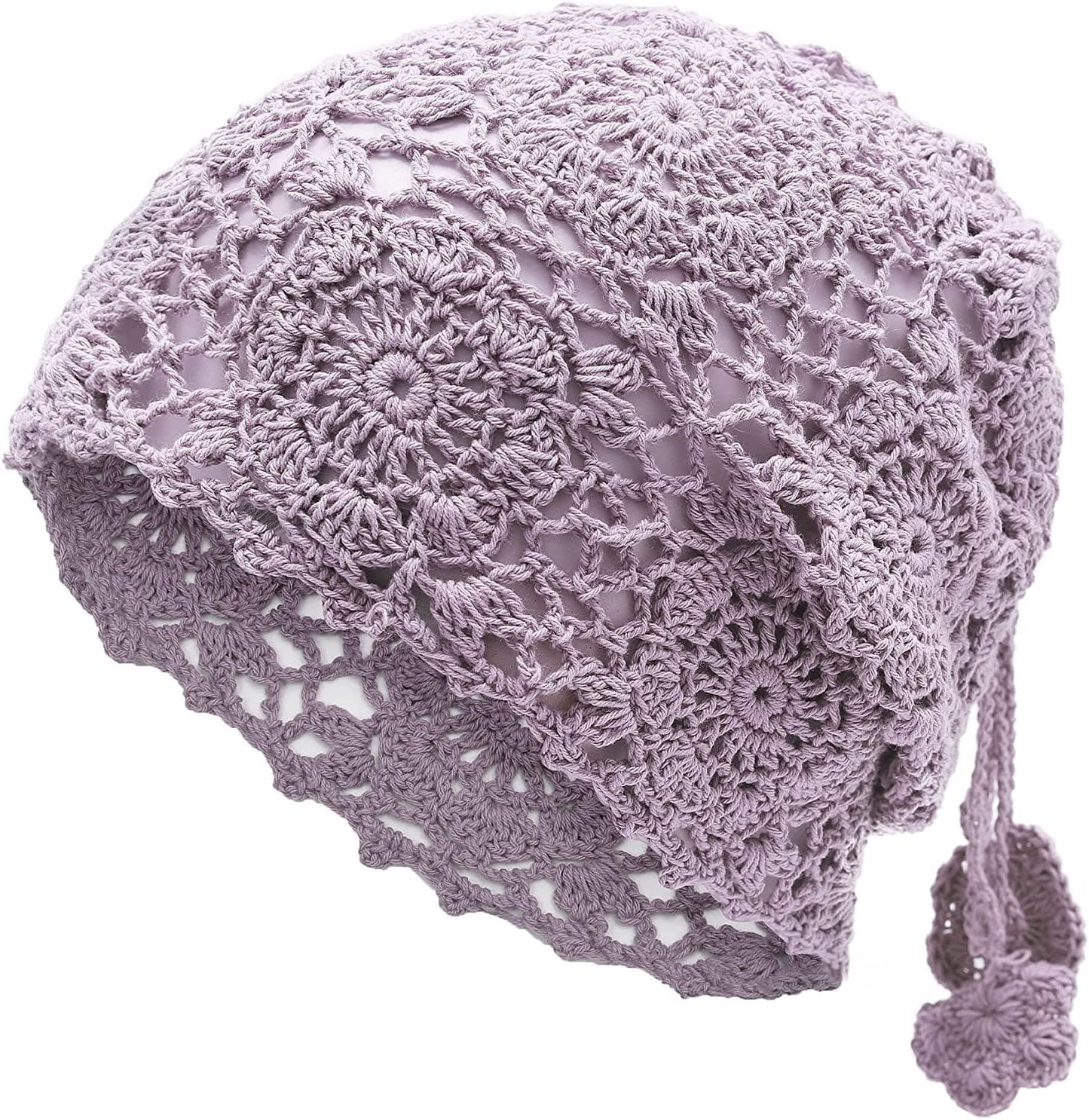 ZLYC Women Cotton Crochet Slouchy Beanie Hat Handmade Knit Cutout Summer Floral Skull Cap Apparel & Accessories > Clothing Accessories > Headwear ZLYC Ponytail Purple  