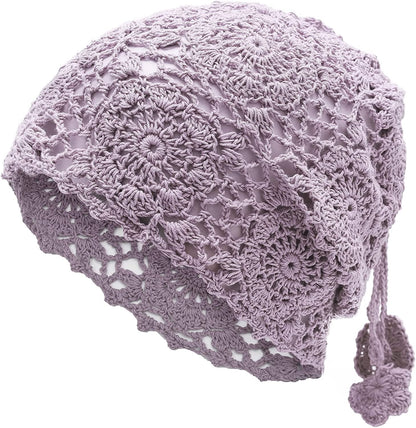 ZLYC Women Cotton Crochet Slouchy Beanie Hat Handmade Knit Cutout Summer Floral Skull Cap Apparel & Accessories > Clothing Accessories > Headwear ZLYC Ponytail Purple  