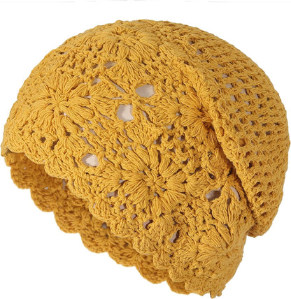 ZLYC Women Cotton Crochet Slouchy Beanie Hat Handmade Knit Cutout Summer Floral Skull Cap Apparel & Accessories > Clothing Accessories > Headwear ZLYC Solid Yellow  