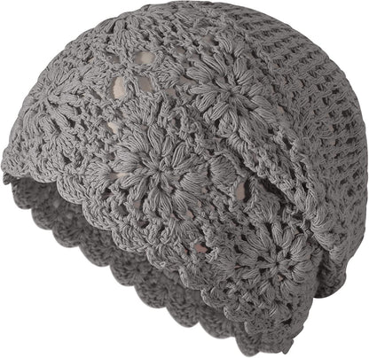 ZLYC Women Cotton Crochet Slouchy Beanie Hat Handmade Knit Cutout Summer Floral Skull Cap Apparel & Accessories > Clothing Accessories > Headwear ZLYC Solid Gray  