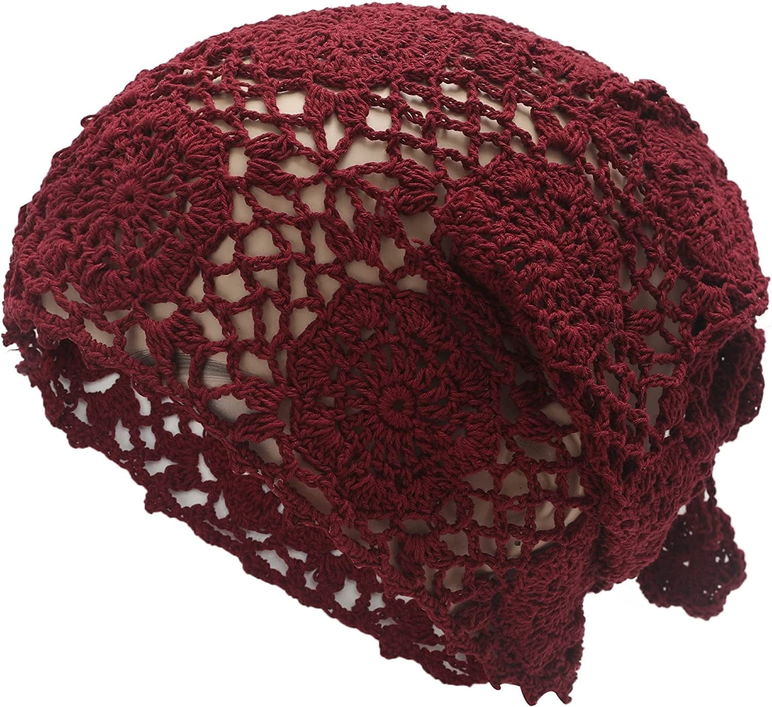 ZLYC Women Cotton Crochet Slouchy Beanie Hat Handmade Knit Cutout Summer Floral Skull Cap Apparel & Accessories > Clothing Accessories > Headwear ZLYC Ponytail Burgundy  