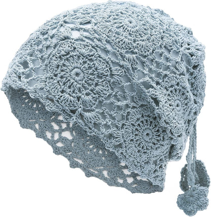 ZLYC Women Cotton Crochet Slouchy Beanie Hat Handmade Knit Cutout Summer Floral Skull Cap Apparel & Accessories > Clothing Accessories > Headwear ZLYC Ponytail Blue  