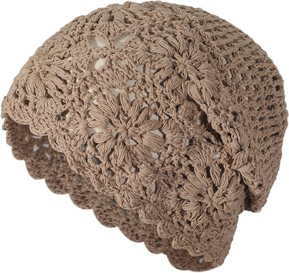 ZLYC Women Cotton Crochet Slouchy Beanie Hat Handmade Knit Cutout Summer Floral Skull Cap Apparel & Accessories > Clothing Accessories > Headwear ZLYC Solid Khaki  