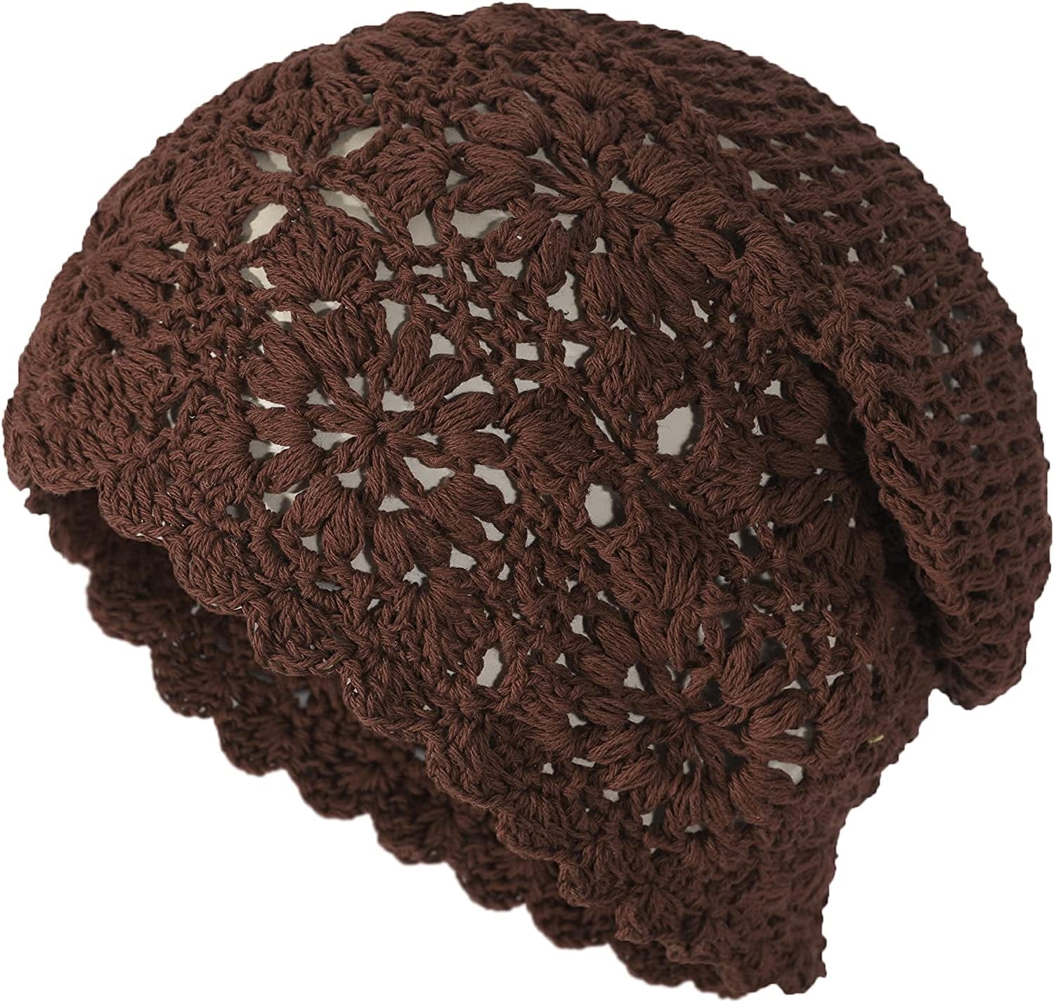 ZLYC Women Cotton Crochet Slouchy Beanie Hat Handmade Knit Cutout Summer Floral Skull Cap Apparel & Accessories > Clothing Accessories > Headwear ZLYC Solid Brown  