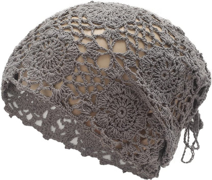 ZLYC Women Cotton Crochet Slouchy Beanie Hat Handmade Knit Cutout Summer Floral Skull Cap Apparel & Accessories > Clothing Accessories > Headwear ZLYC Ponytail Gray  