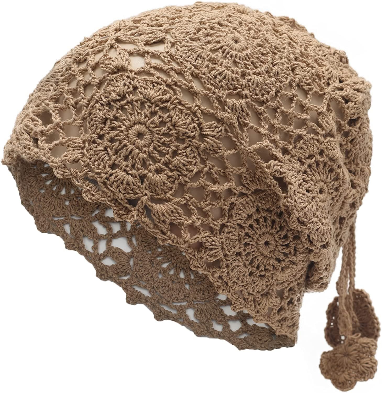 ZLYC Women Cotton Crochet Slouchy Beanie Hat Handmade Knit Cutout Summer Floral Skull Cap Apparel & Accessories > Clothing Accessories > Headwear ZLYC Ponytail Khaki  