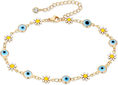 ZNBOH Gold Ankle Bracelets for Women 14K Gold Plated Anklet Bracelets Evil Eye Anklet Daisy Anklet Cross Ankle Bracelets Summer Foot Jewelry Apparel & Accessories > Jewelry > Anklets ZNBOH A  