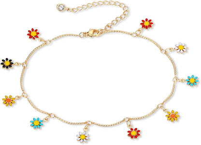 ZNBOH Gold Ankle Bracelets for Women 14K Gold Plated Anklet Bracelets Evil Eye Anklet Daisy Anklet Cross Ankle Bracelets Summer Foot Jewelry Apparel & Accessories > Jewelry > Anklets ZNBOH D  