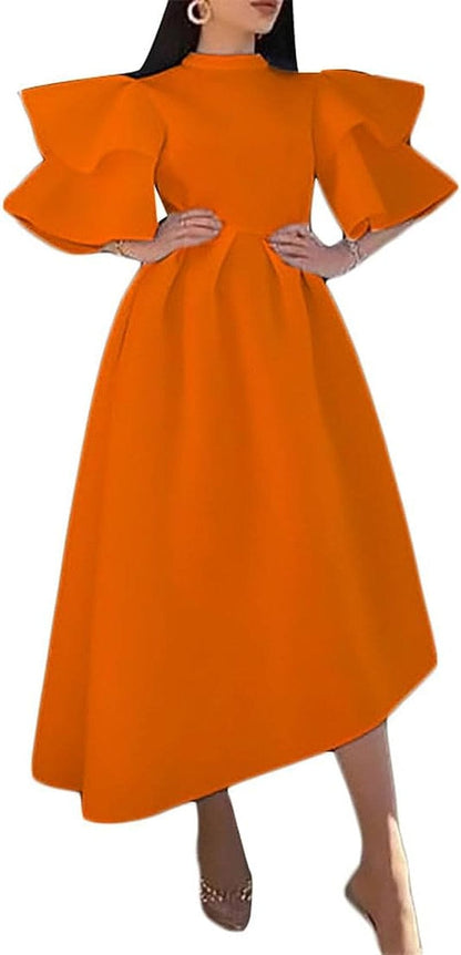 ZOCAVIA Women'S Formal Dress Half Turtleneck Ruffle Sleeve Irregular High Low Hem Pleated Short Dress for Party Prom Orange / 3X-Large