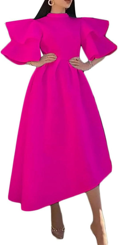 ZOCAVIA Women'S Formal Dress Half Turtleneck Ruffle Sleeve Irregular High Low Hem Pleated Short Dress for Party Prom Hot Pink / 3X-Large