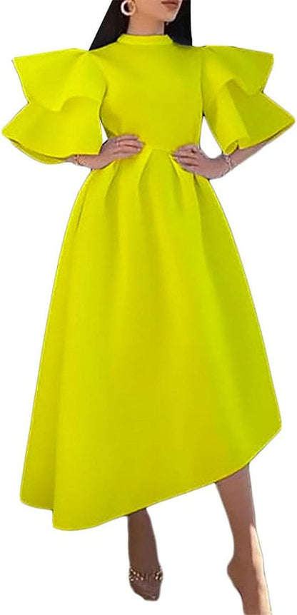 ZOCAVIA Women'S Formal Dress Half Turtleneck Ruffle Sleeve Irregular High Low Hem Pleated Short Dress for Party Prom Yellow / Large