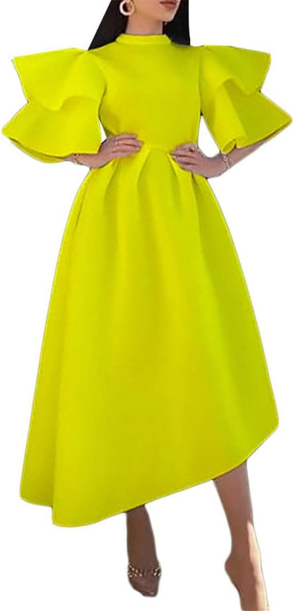 ZOCAVIA Women'S Formal Dress Half Turtleneck Ruffle Sleeve Irregular High Low Hem Pleated Short Dress for Party Prom Yellow / 3X-Large