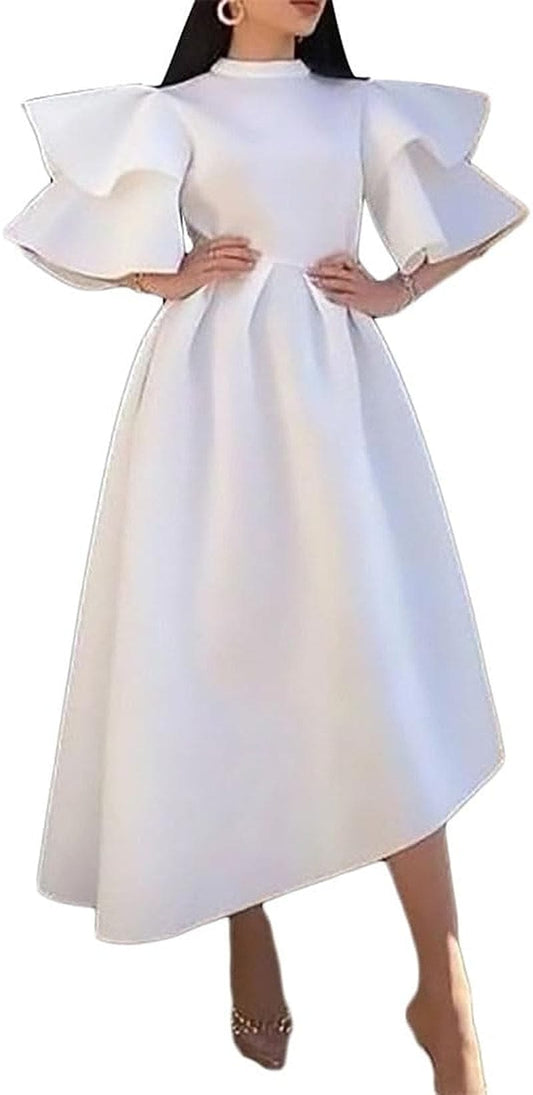 ZOCAVIA Women'S Formal Dress Half Turtleneck Ruffle Sleeve Irregular High Low Hem Pleated Short Dress for Party Prom