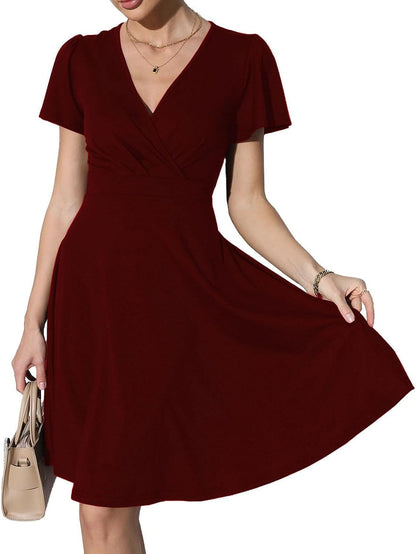 Zshujun 1920S Elegant Women'S Deep V-Neck Short Sleeve Casual Party Dresses Puffy Swing Vintage Dress for Women A8343 Wine Red / Xx-Large
