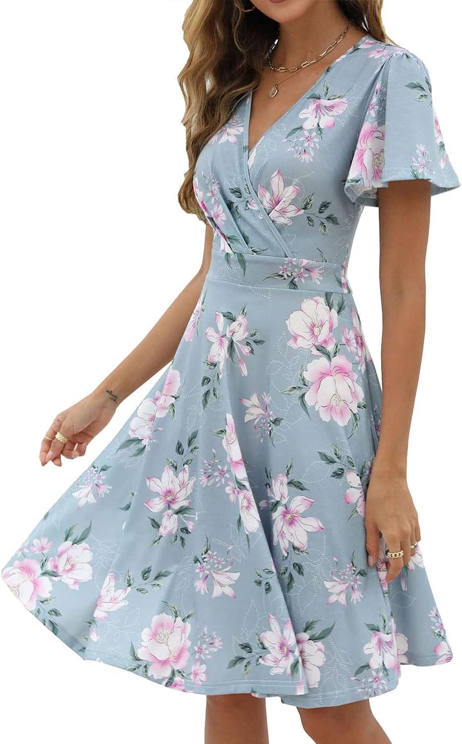 Zshujun 1920S Elegant Women'S Deep V-Neck Short Sleeve Casual Party Dresses Puffy Swing Vintage Dress for Women A8343 Light Blue 1 / Xx-Large