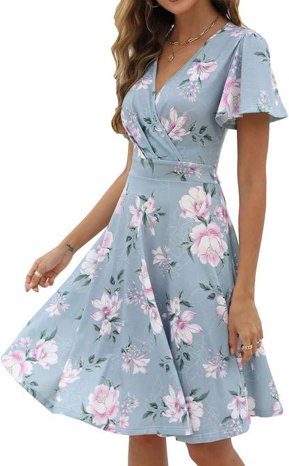 Zshujun 1920S Elegant Women'S Deep V-Neck Short Sleeve Casual Party Dresses Puffy Swing Vintage Dress for Women A8343 Light Blue 1 / Xx-Large